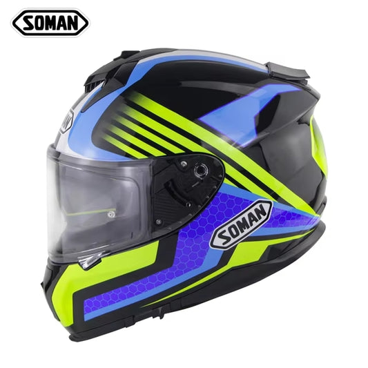 Soman full face motorcycle helmet in blue and green with dynamic stripes, offering eye-catching style and full head protection