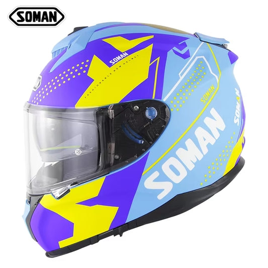 Soman full face motorcycle helmet in blue with sleek aerodynamic design and clear visor.