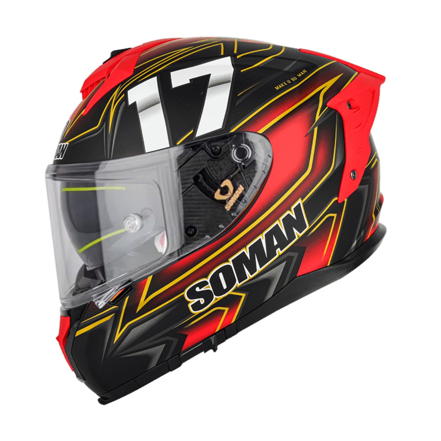 Soman full face motorcycle helmet in red and black with the number 17, combining a bold sporty look with full-face rider protection.