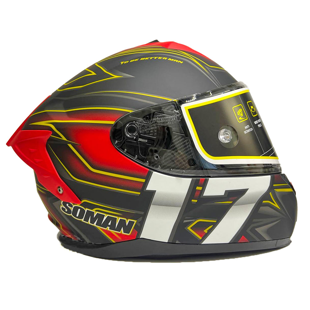 Soman full face motorcycle helmet in red and black with the number 17, combining a bold sporty look with full-face rider protection.
