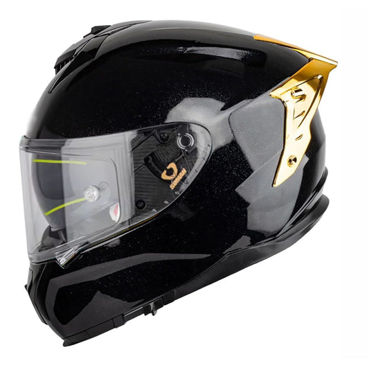 Sleek black motorcycle helmet featuring a bold gold wing accent