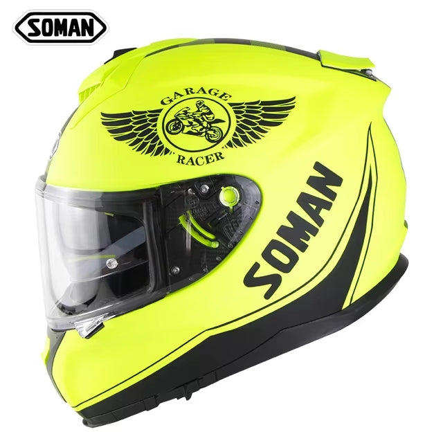 Soman full face motorcycle helmet in Fluo Green with sleek aerodynamic design and clear visor.