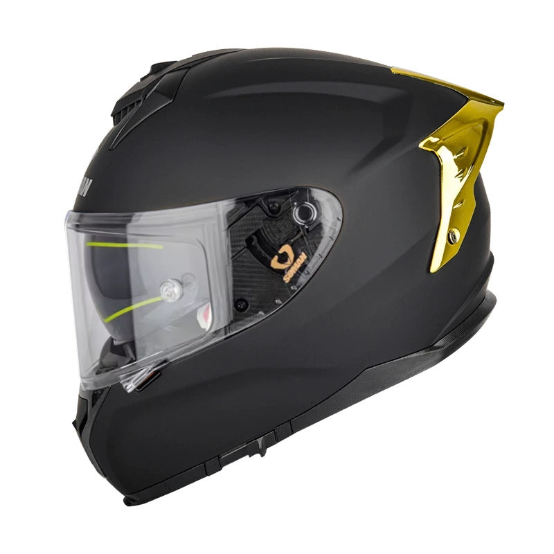 Soman matt black full face helmet with striking gold wing detail at the back