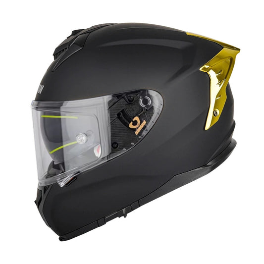 Soman matt black full face helmet with striking gold wing detail at the back