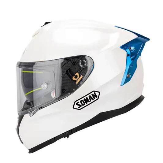 Soman full face motorcycle helmet in pearl white with a blue rear spoiler, offering aerodynamic design and full head protection.