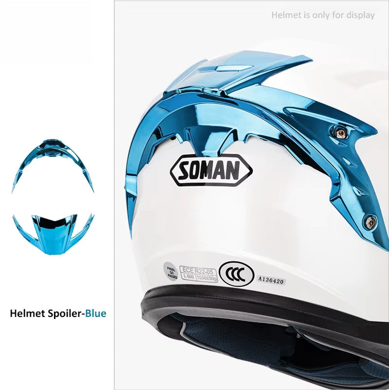 Soman full face motorcycle helmet in pearl white with a blue rear spoiler, offering aerodynamic design and full head protection.