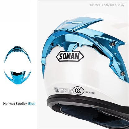 Soman full face motorcycle helmet in pearl white with a blue rear spoiler, offering aerodynamic design and full head protection.