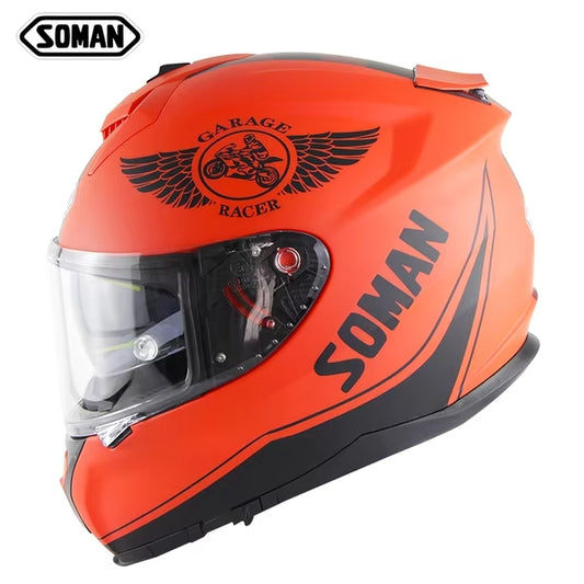 Soman full face motorcycle helmet in Hunter Red with sleek aerodynamic design and clear visor.