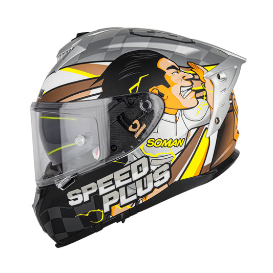 Soman Speed Plus full face motorcycle helmet in grey featuring bold manga-style designs, offering full protection with artistic flair.