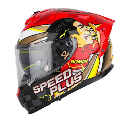 oman Speed Plus full face motorcycle helmet in red with eye-catching manga-style graphics, designed for full protection and standout style.