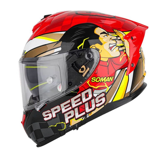 oman Speed Plus full face motorcycle helmet in red with eye-catching manga-style graphics, designed for full protection and standout style.