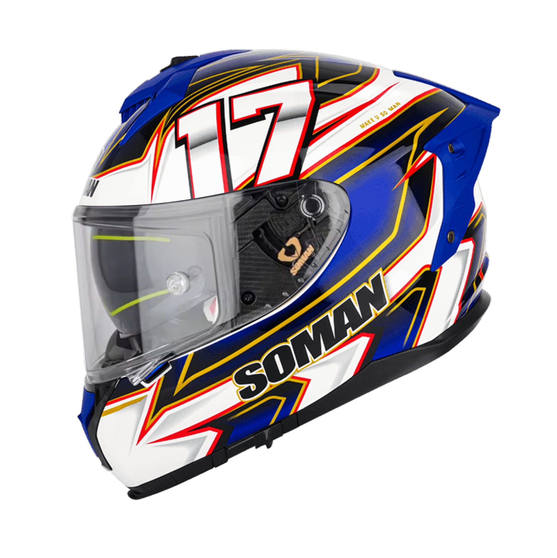 Soman full face motorcycle helmet in blue and white with the number 17, featuring a sporty design and full coverage for rider safety
