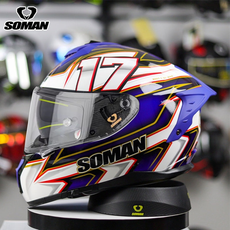 Soman full face motorcycle helmet in blue and white with the number 17, featuring a sporty design and full coverage for rider safety