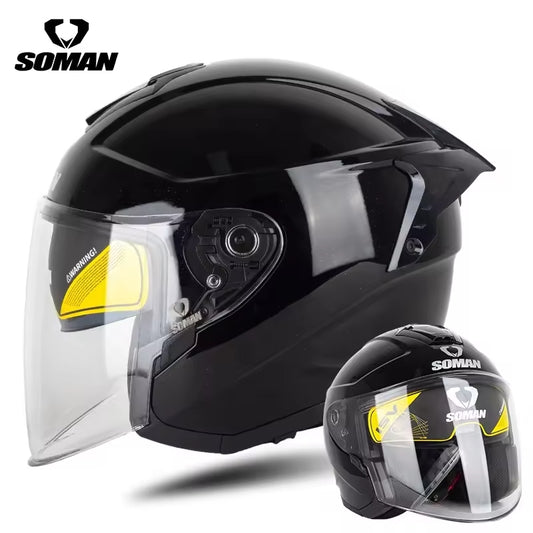 Soman Open Face Gloss Black helmet – stylish open-face motorcycle helmet with clear visor, sleek finish, and comfortable fit