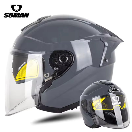 Soman Open Face nardo grey helmet – elegant open-face motorcycle helmet with clear visor, glossy finish, and comfortable inner padding