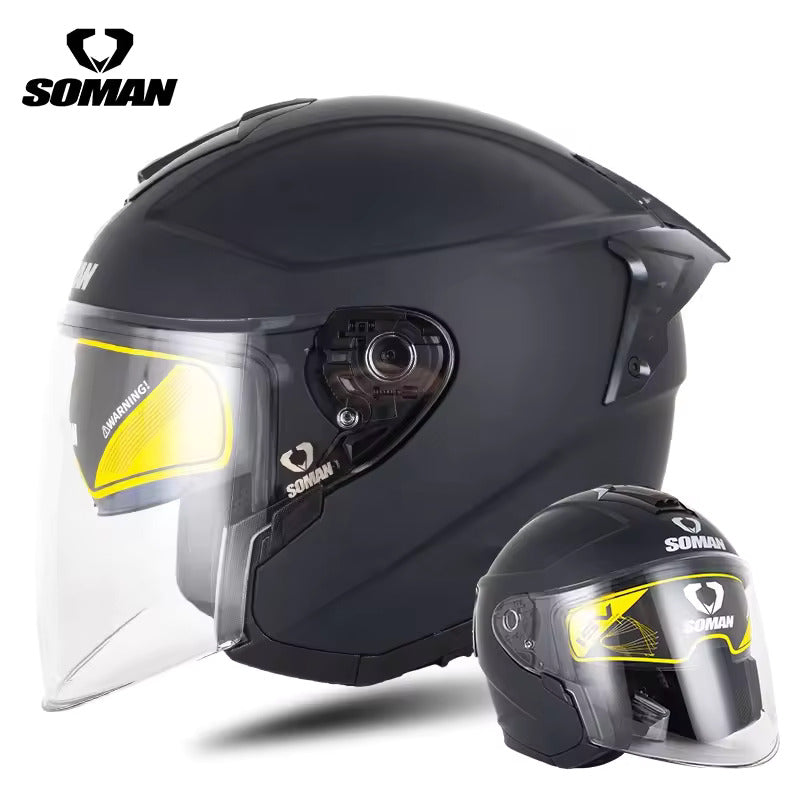 Soman Open Face Matt Black helmet – stylish open-face motorcycle helmet with clear visor, sleek finish, and comfortable fit