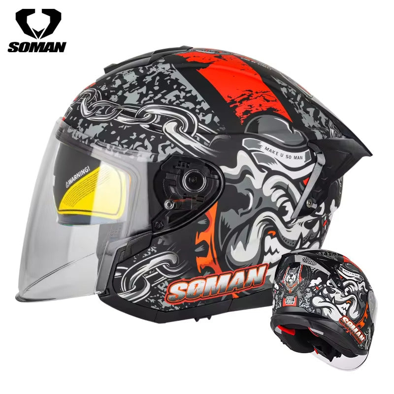 Soman Open Face Helmet with sleek design, visor, and durable shell for rider comfort and safety.