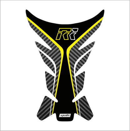 Universal yellow R1 tank pad – durable motorcycle fuel tank protector with sleek carbon fiber accents.